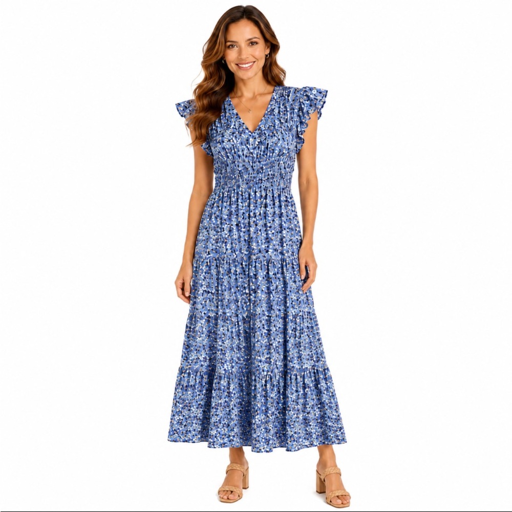 JACQUIE THE LABEL Blue Floral Smocked Maxi Dress Flutter Sleeve Size L NWOT